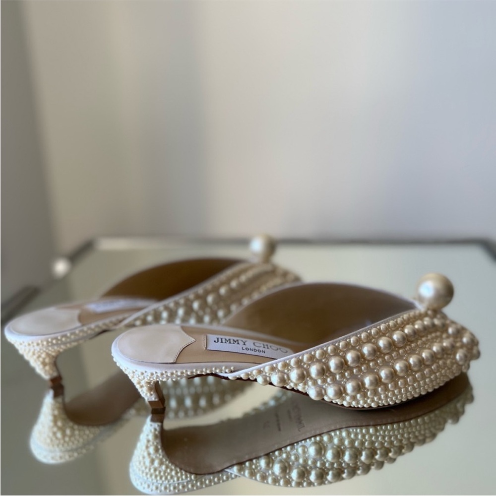 New JIMMY CHOO Samantha 35 White Satin Mules With All-Over Pearls 37 $1,895 - Picture 14 of 15